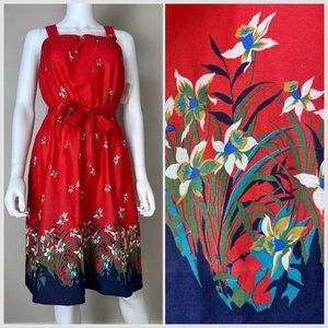 Vintage 1970s/80s Red Floral Sundress, Top Made Size S-M, Border Print Dress